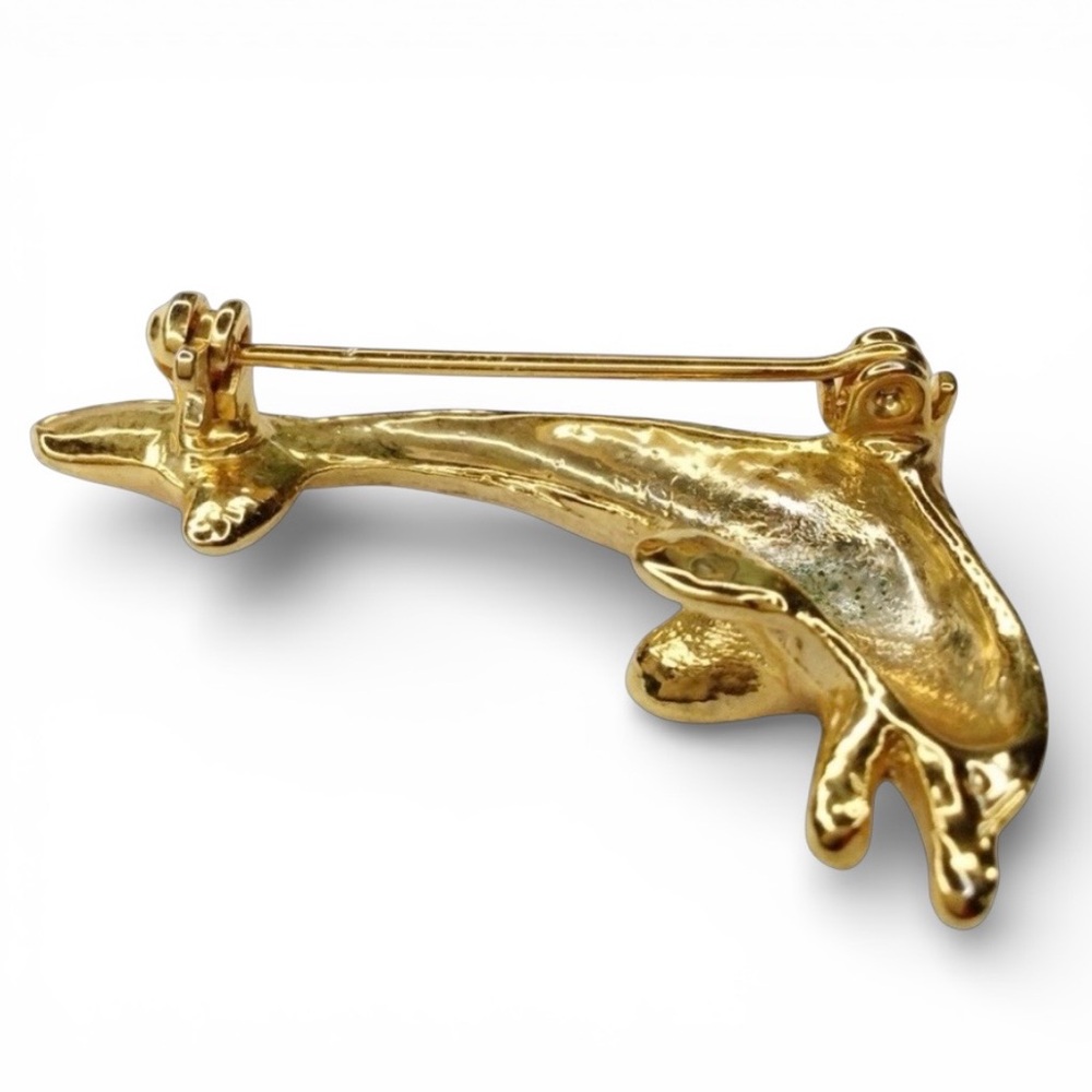 Vintage Gold Tone Dolphin Brooch – Green Eye & Rhinestone Accents - Picture 9 of 11